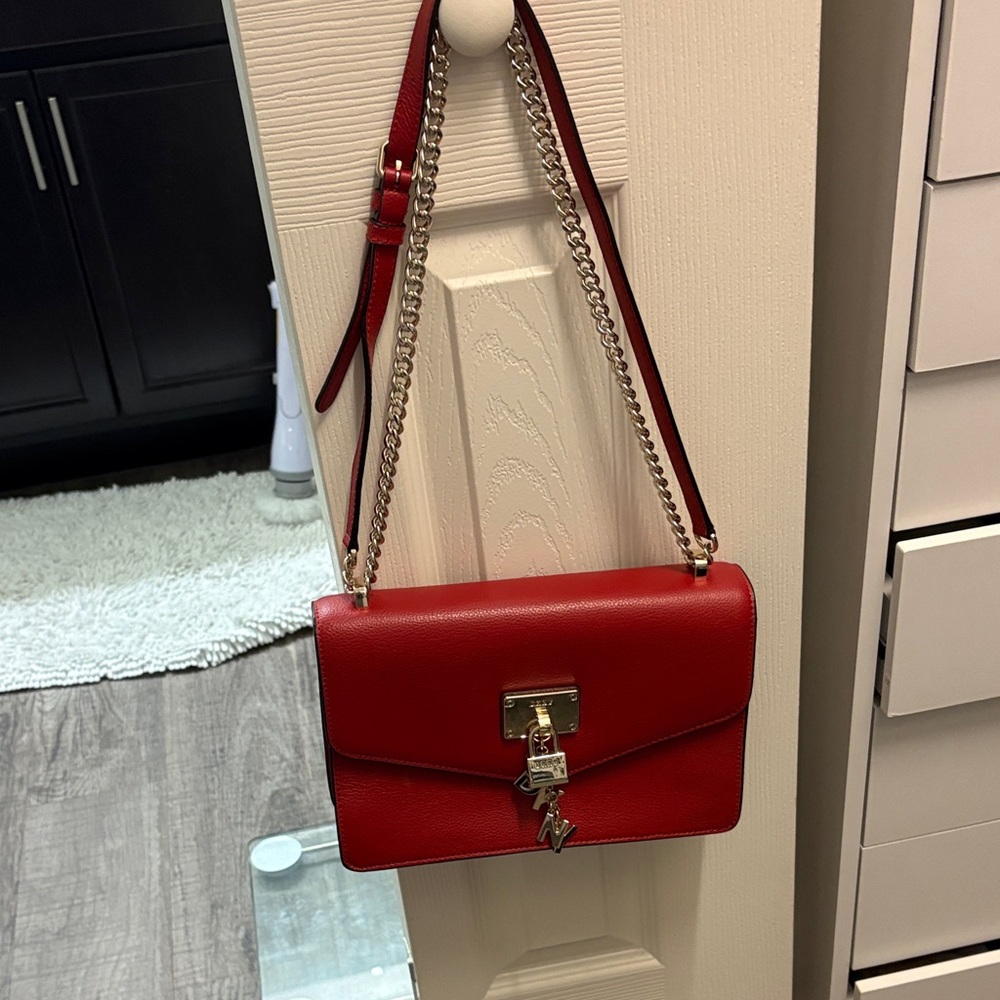 DKNY Red Leather Crossbody Bag with Chain Strap